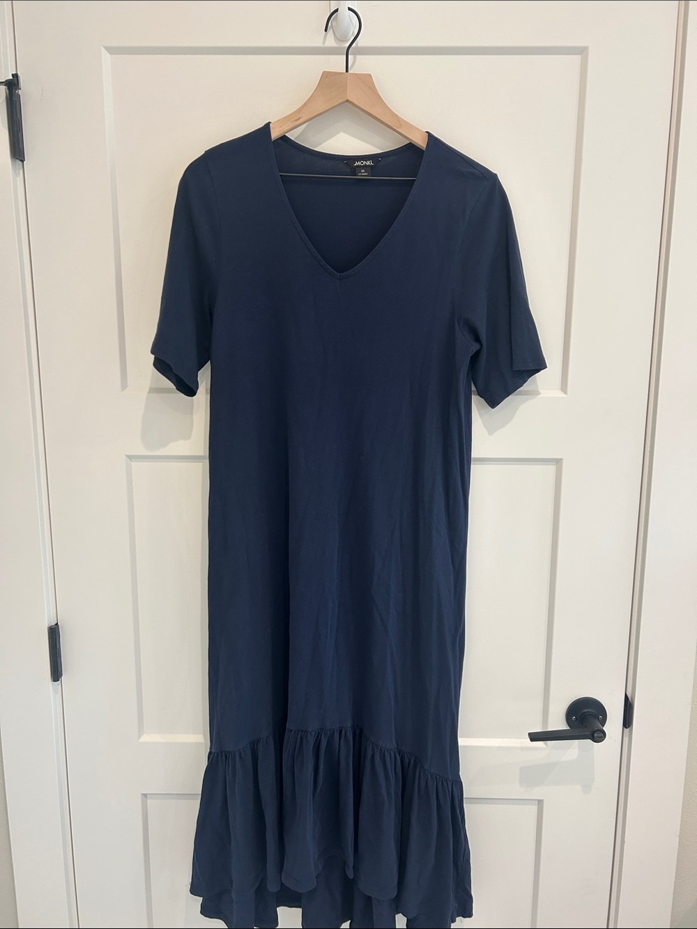 Monki Navy Blue V-Neck Ruffle Hem Midi Maxi Dress XS